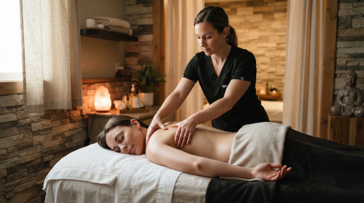 Licensed massage therapist performing therapeutic massage on client's back in serene spa setting with soft warm lighting and natural stone elements