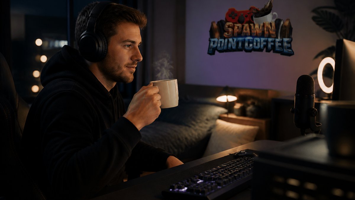A gamer at a desk with RGB lighting, holding a ceramic mug of coffee next to a keyboard and headset during a late-night session
