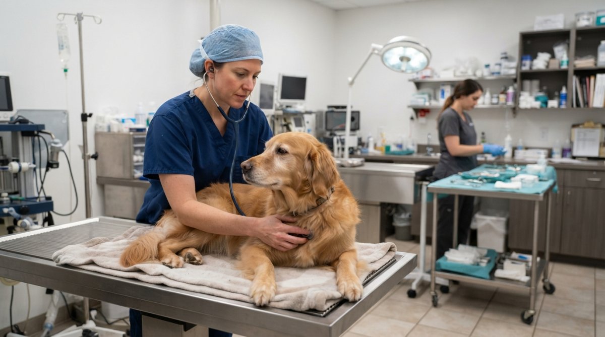 Professional illustration showing veterinarian and performing and pre-surgical concepts for spay 5 year old dog