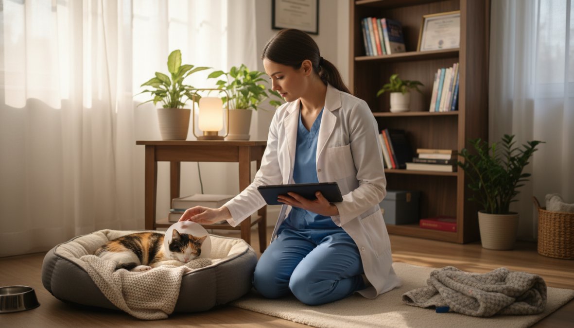 A pet owner gently inspecting the incision site of a calm golden retriever lying on a soft dog bed, wearing a padded soft cone collar, in a warmly lit living room with natural afternoon light coming through a window