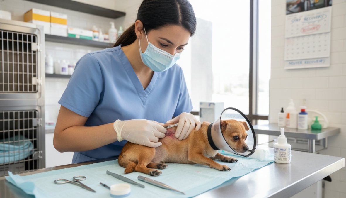 A veterinarian in blue scrubs carefully examining a small beagle on a stainless steel exam table under bright overhead clinical lighting in a clean modern veterinary clinic, with medical equipment visible in the background