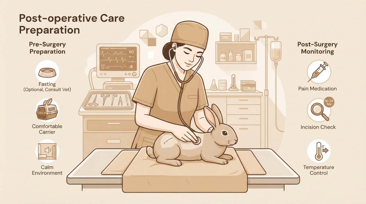 A rabbit-savvy veterinarian examining a calm rabbit on a surgical preparation table with monitoring equipment and sterilized instruments visible in the background
