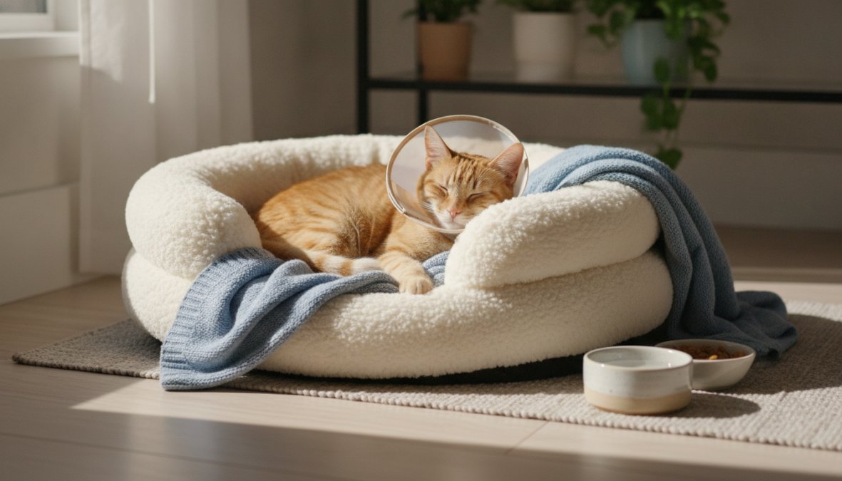 A dog resting comfortably on soft bedding in a quiet room, wearing a light blue recovery suit, with an attentive owner sitting nearby monitoring their healing