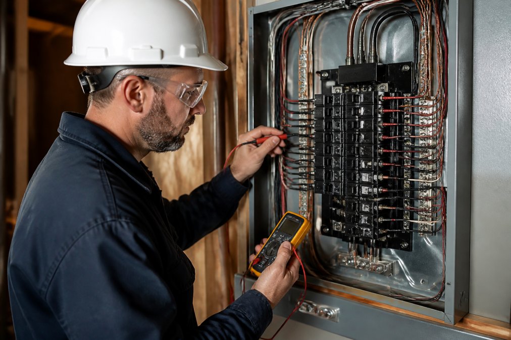 Licensed electrician carefully inspecting and working inside an open electrical service panel, checking circuit breaker connections and copper wiring with a screwdriver and multimeter in hand, bright workshop lighting