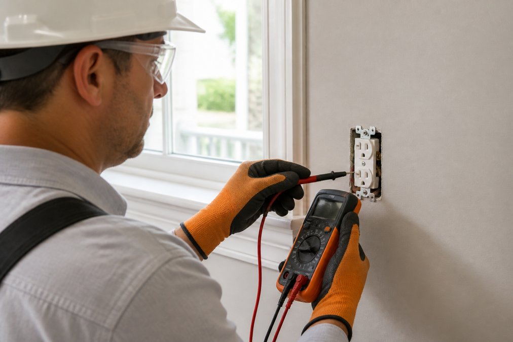Professional electrician performing a detailed safety inspection using a digital multimeter to test voltage and proper grounding on a residential outlet, hands wearing safety gloves, bright natural light from window
