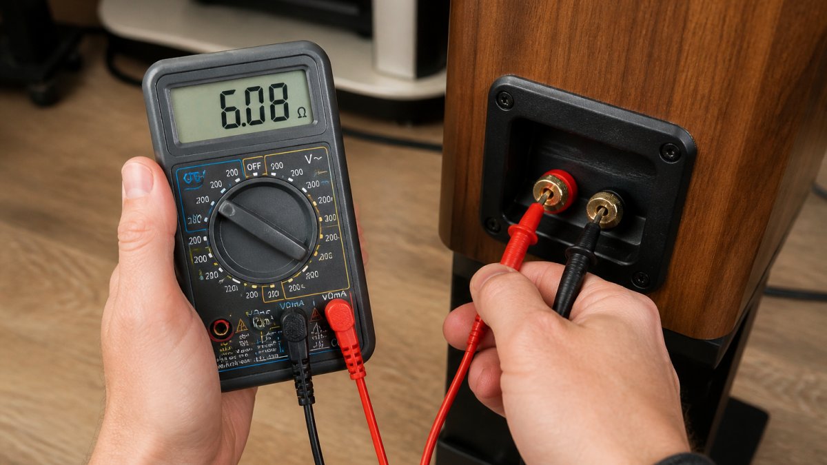 Multimeter probes touching terminal contacts to measure speaker impedance levels