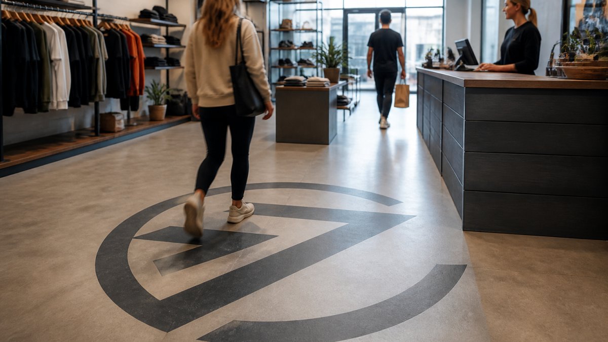 En butiksindretning med et stort printet vinylgulv, hvor et firmalogo er tydeligt synligt i gulvfladen, mens kunder bevæger sig gennem butikken og en medarbejder står bag disken
