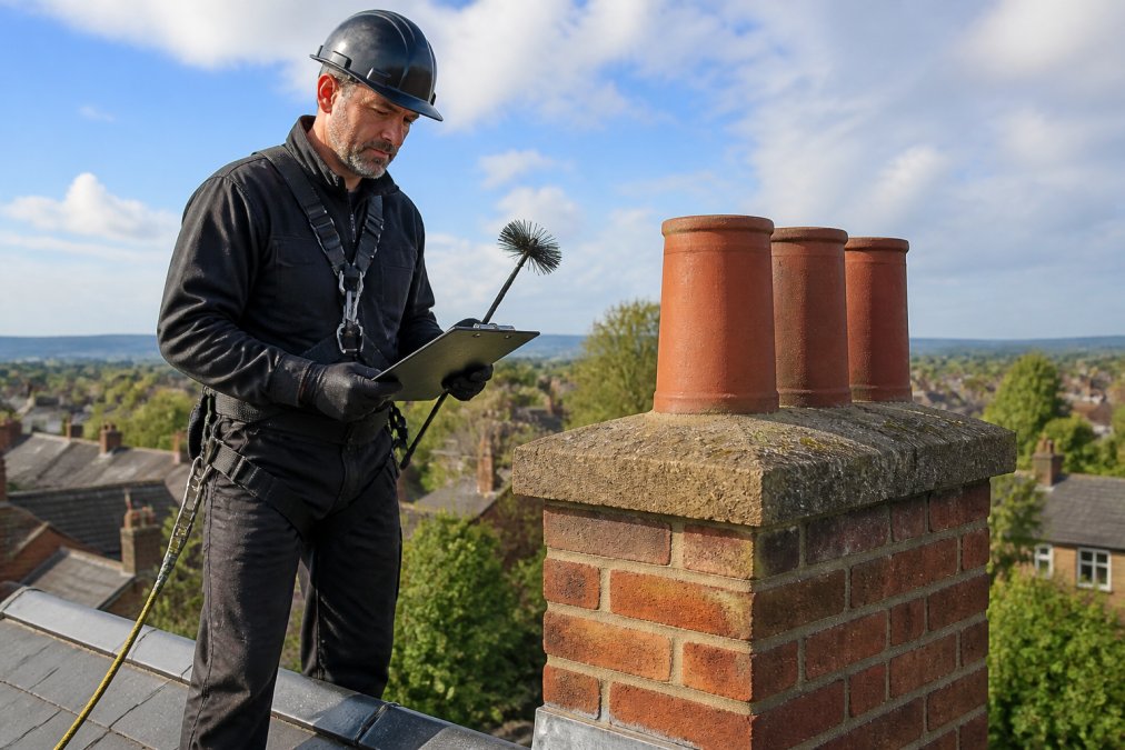 Professional chimney sweep in protective gear standing on residential roof with chimney stack, holding inspection equipment and clipboard