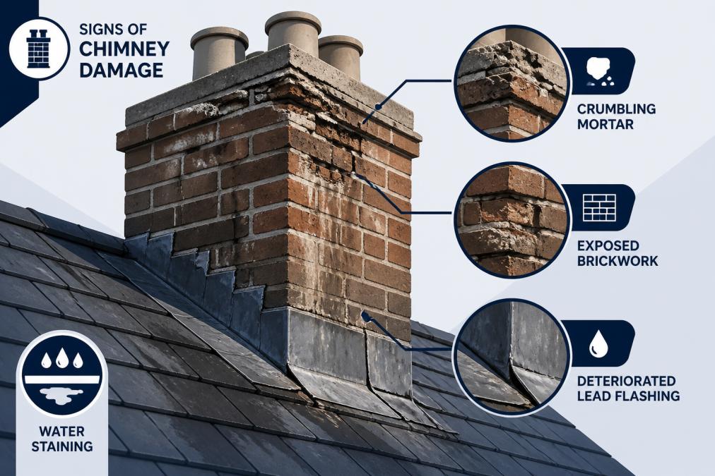 Close-up of damaged chimney stack showing crumbling mortar, exposed brickwork, and deteriorated lead flashing on residential roof in daylight, with visible water staining