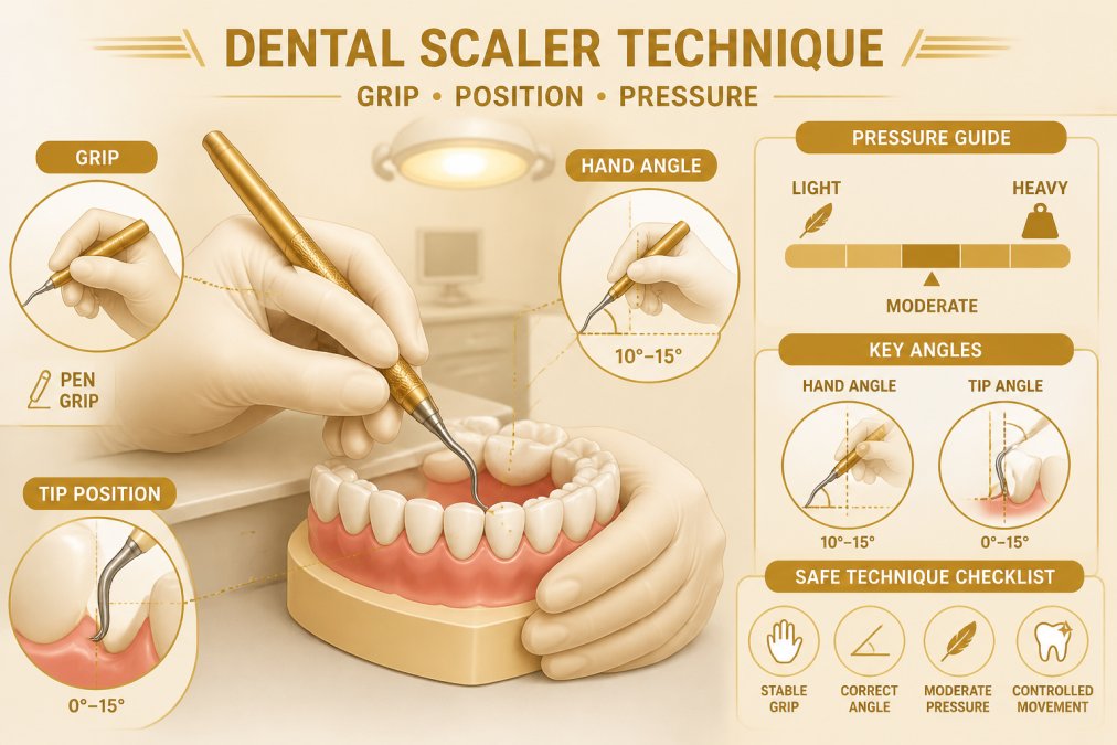 Professional demonstrating proper dental scaler grip and positioning technique on a dental model in clinical setting, showing correct hand angle and pressure application