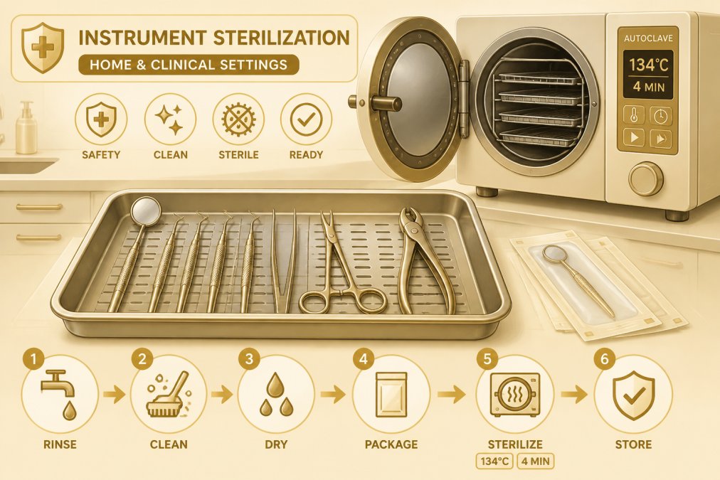 Dental instruments arranged on a sterilization tray with autoclave equipment visible in background of professional clinical setting, showing proper instrument preparation