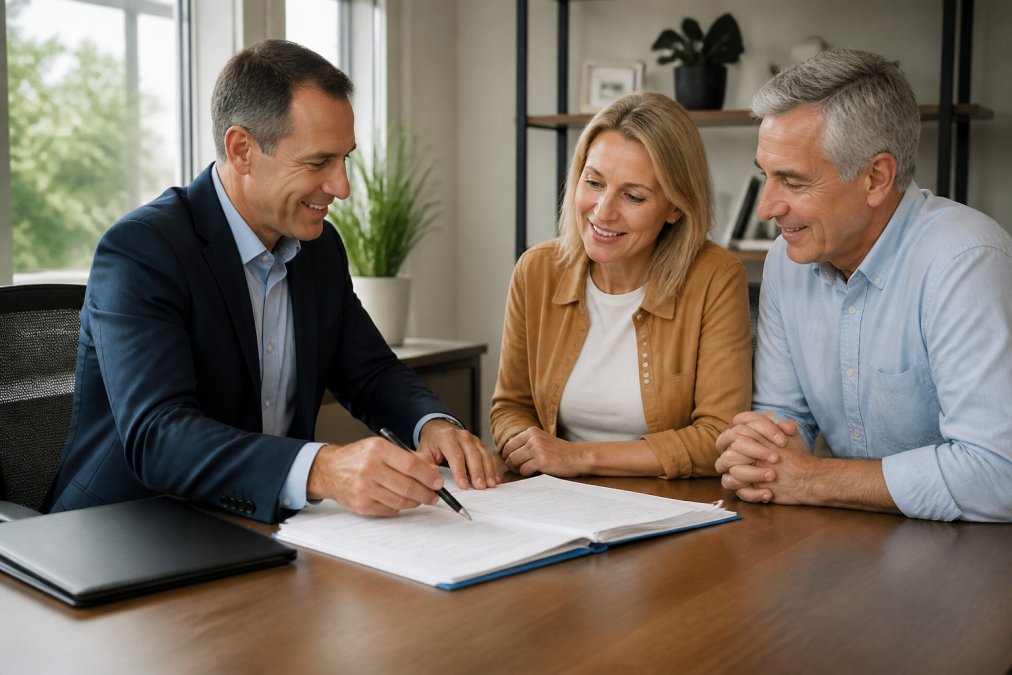 Professional insurance agent sitting at modern desk reviewing policy documents with client in warm, welcoming office setting with natural lighting