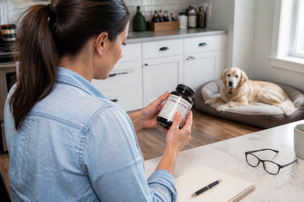 Pet owner carefully reading ingredient labels and third-party testing certifications on a bottle of specialized pet supplement in a bright home kitchen, with a senior dog resting nearby on a comfortable dog bed
