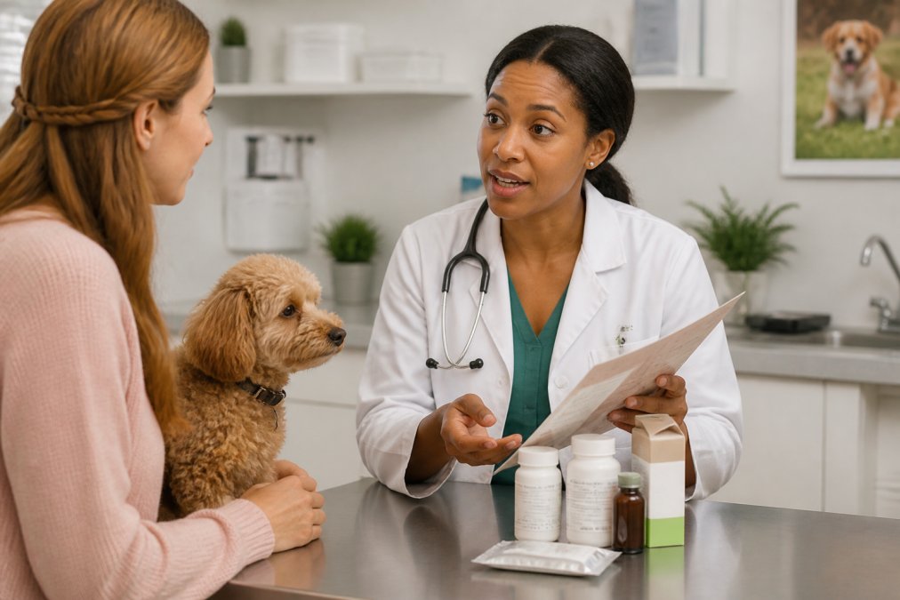 Veterinary specialist discussing specialized pet health products with a pet owner during a consultation, showing product recommendations and health documentation in a professional clinic setting