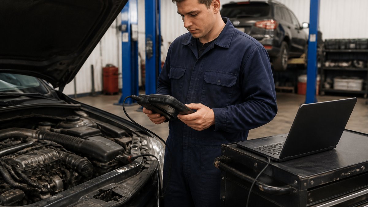 A mechanic in navy workwear holding a diagnostic scan tool connected to a modern car's OBD port, laptop on a rolling cart showing live sensor data, clean workshop with hoist in background
