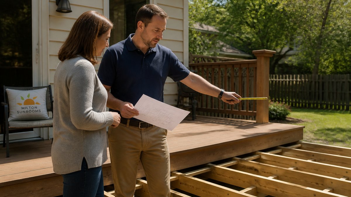 Homeowner and sunroom builder vs general contractor discussing deck measurements for a new sunroom project
