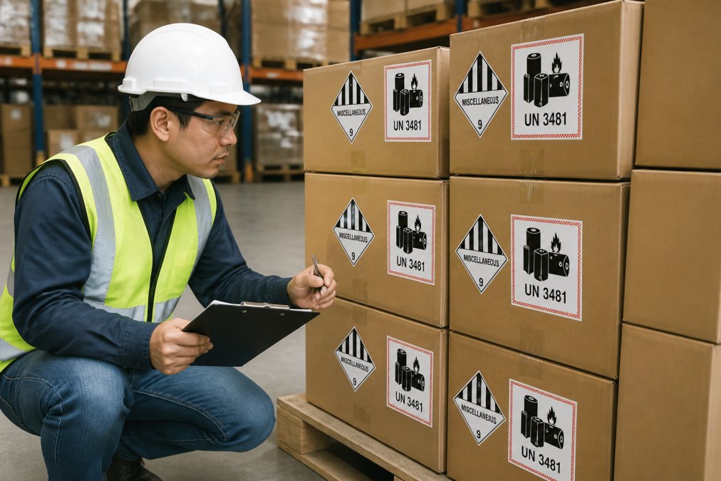 Professional warehouse worker examining and organizing properly labeled battery shipment boxes displaying hazmat labels and UN numbers on cardboard packaging under bright overhead lighting