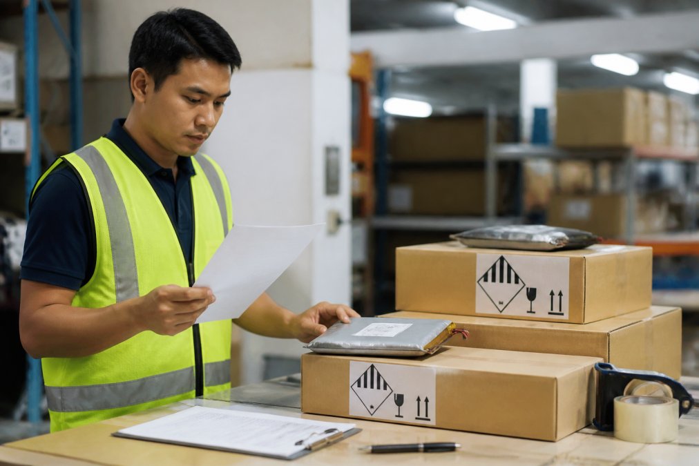 Warehouse worker in safety vest carefully reviewing shipping documentation and examining battery packages at a organized compliance station, cross-checking labels and preparation materials under fluorescent lighting