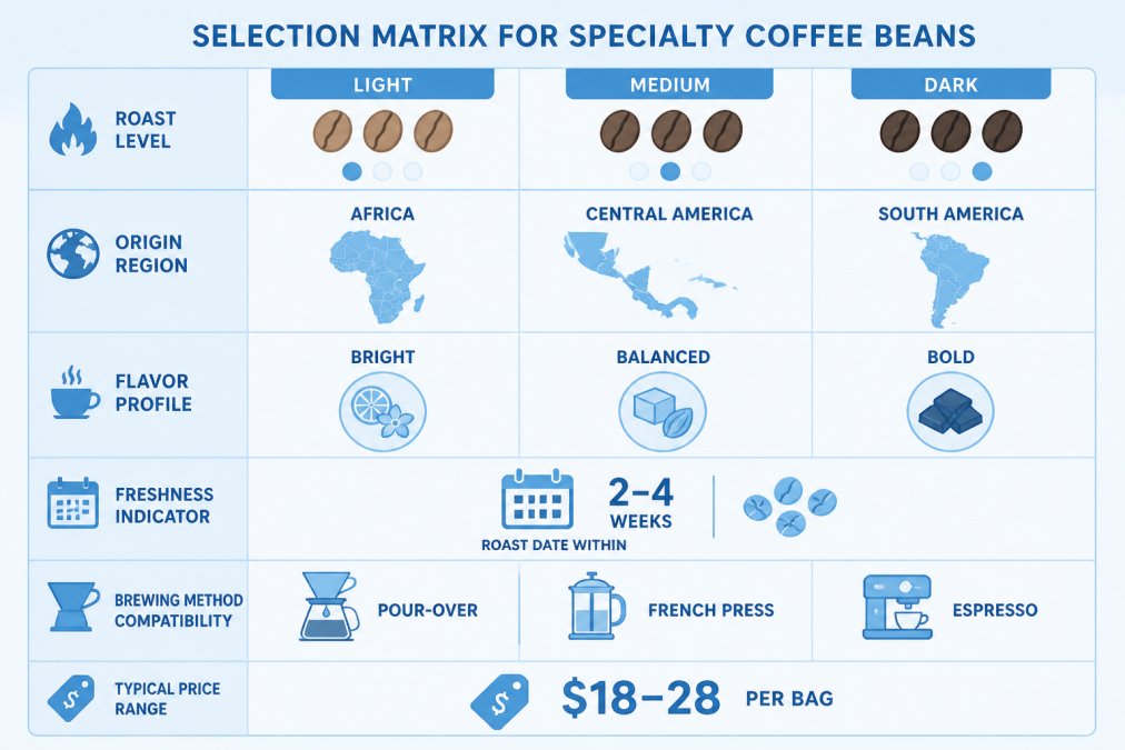 Selection matrix visualizing roast levels, origins, flavor profiles, and brewing methods for coffee beans.