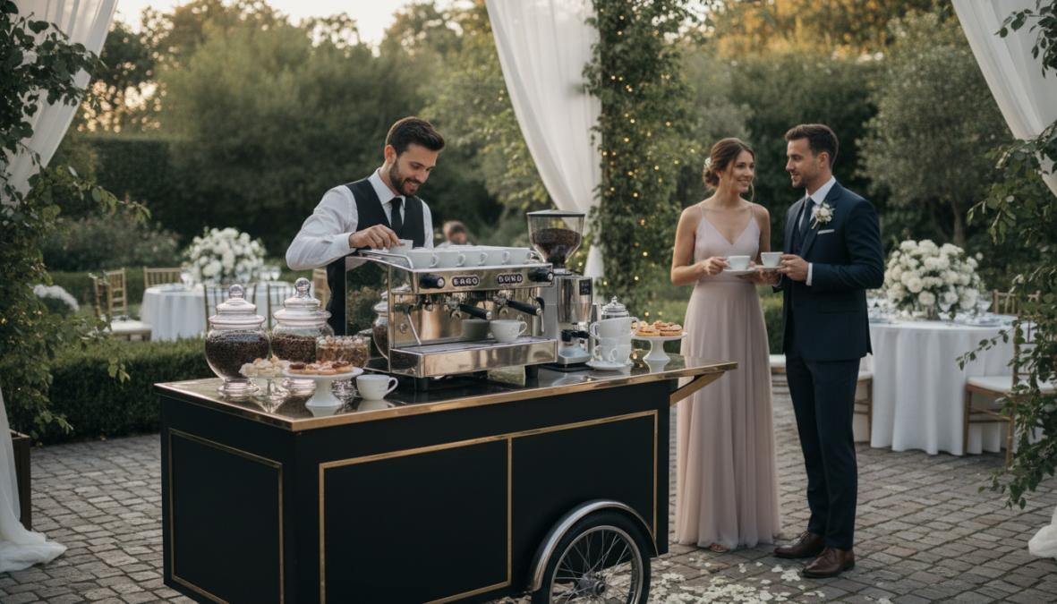Sleek mobile espresso cart set up in an elegant outdoor garden wedding venue with white linens, fresh flowers, and a professional barista pouring latte art while formally dressed guests in suits and dresses gather with specialty drinks