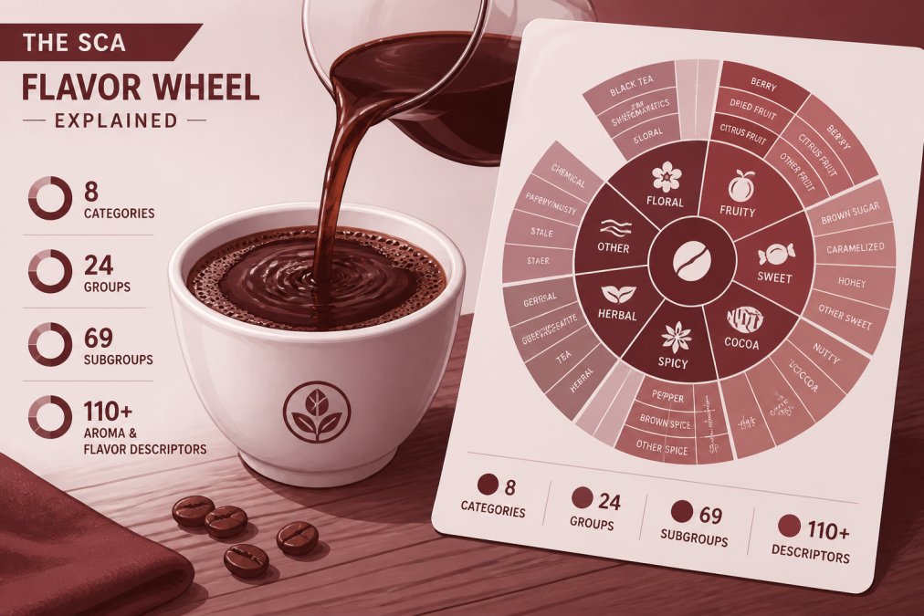 Close-up of a specialty coffee being poured into a white cupping bowl, with a coffee flavor wheel reference card visible on a wooden table beside it