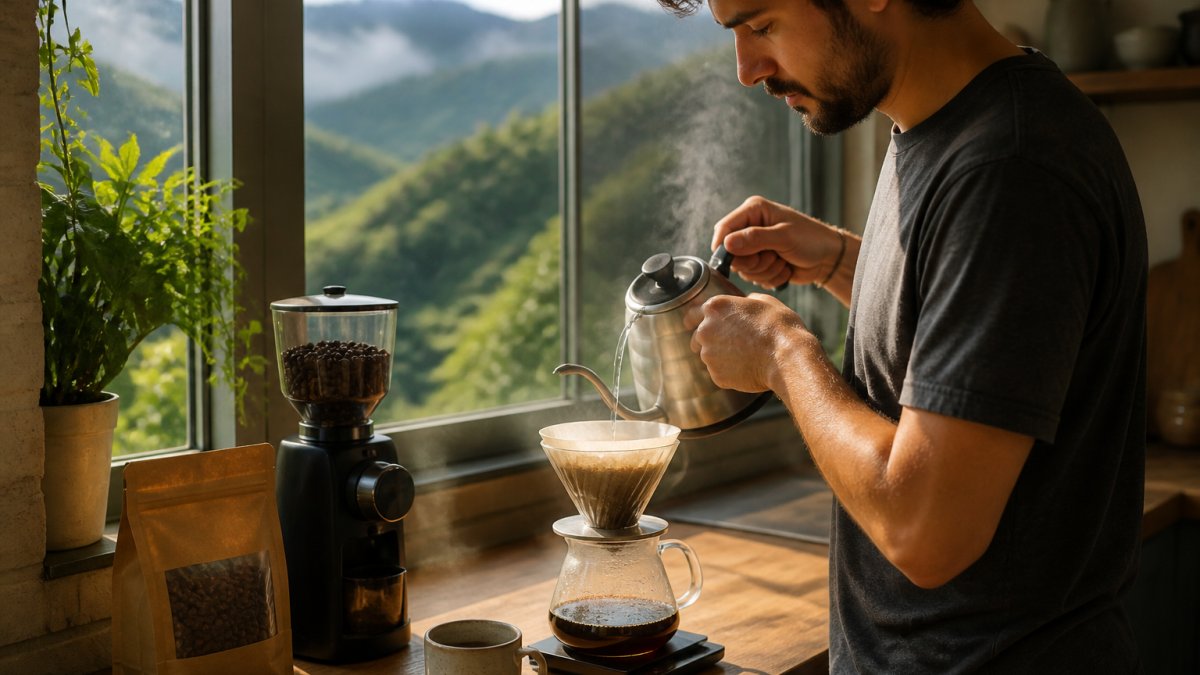 A person brewing pour-over coffee at home with a gooseneck kettle, steam rising, bag of whole beans and grinder on the counter, warm morning light