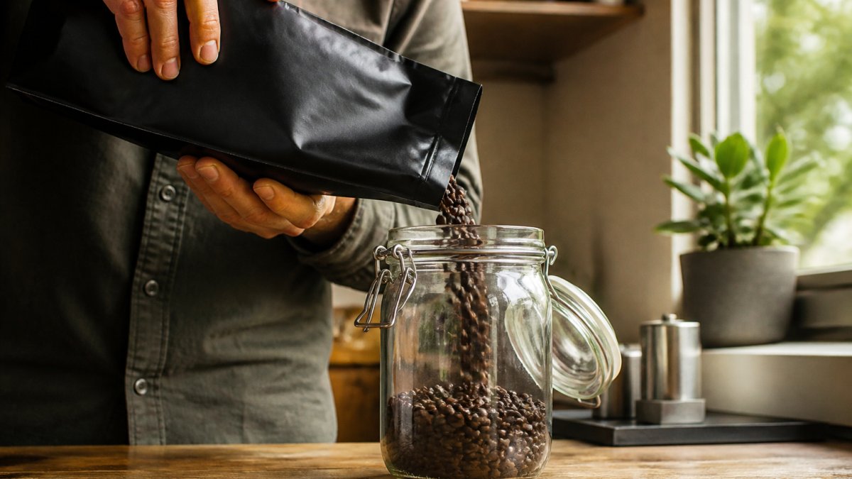 Hand pouring fresh whole coffee beans into an airtight glass jar on a sunlit kitchen counter