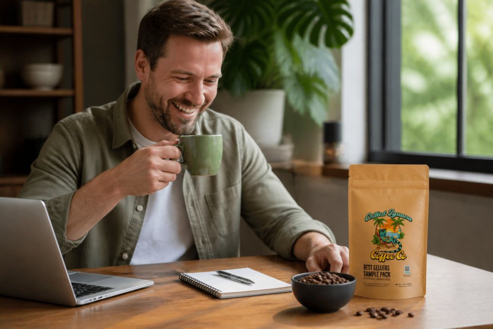 Remote worker at home office desk with fresh coffee cup, specialty beans in an open bag on the desk, bright natural window light streaming through window, tropical plant in background