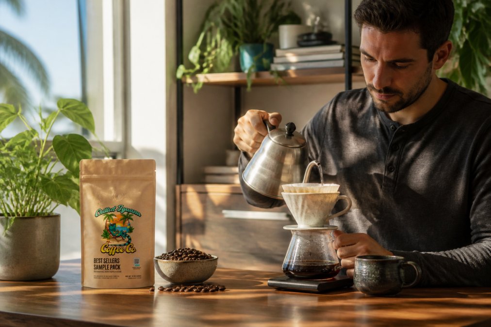 Close-up of hands pouring hot water over coffee grounds in a pour-over ceramic dripper setup, with whole specialty beans and a ceramic mug visible nearby, warm morning light from a window