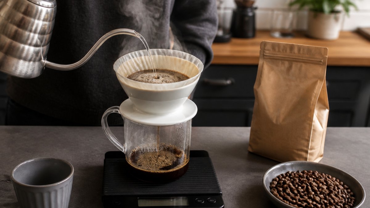 A close-up of a pour-over coffee setup on a kitchen counter, gooseneck kettle pouring hot water in a spiral over fresh coffee grounds in a dripper, steam rising, with a digital scale and a bag of whole beans nearby