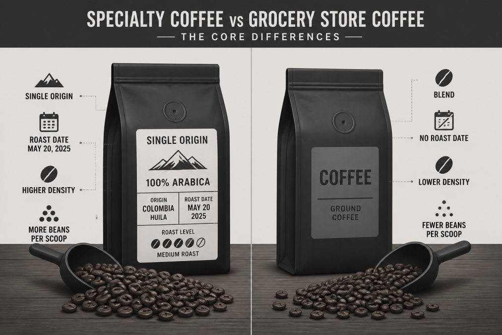 Comparison infographic of specialty coffee vs grocery store beans showing roast dates, labels, and bean quality.