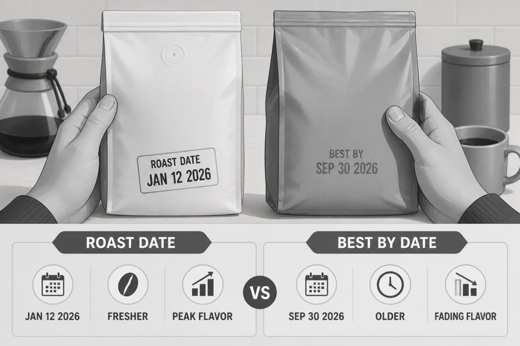 Close-up of a person's hands holding two coffee bags side by side, one showing a clear printed roast date stamp and the other showing a faded best-by date, on a kitchen counter with a mug nearby