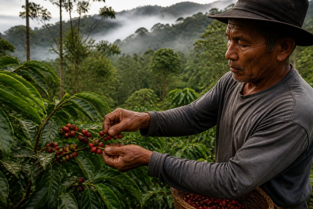 Coffee farmer's weathered hands carefully hand-picking ripe red coffee cherries from a lush, shade-grown hillside plantation with morning mist rising through the canopy