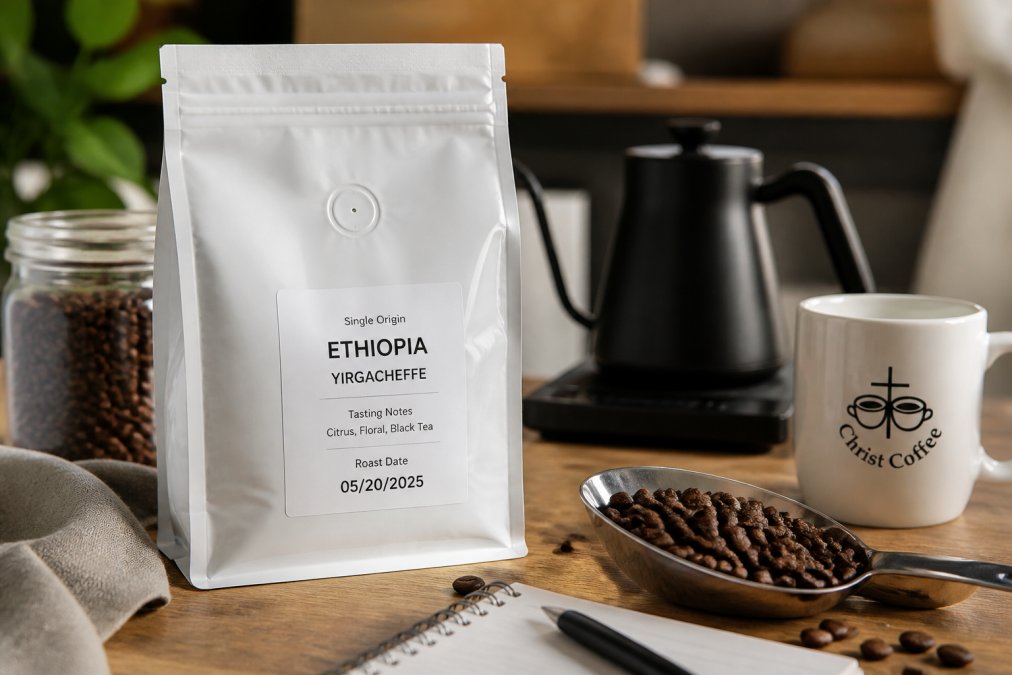 Close-up of freshly roasted specialty coffee beans in an airtight valve-sealed bag with a visible roast date label and origin information clearly printed on the front