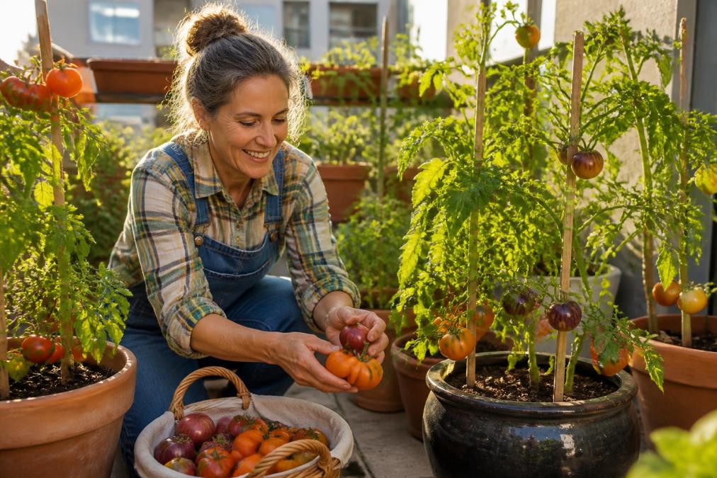 A gardener harvesting vibrant orange and purple heirloom tomatoes from multiple terra cotta and ceramic containers on a sunny patio, with morning light illuminating ripe fruits and green foliage