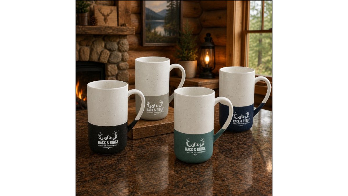 Speckled Ceramic Mug - Rack & Ridge Engraved Hunting Logo, 13oz