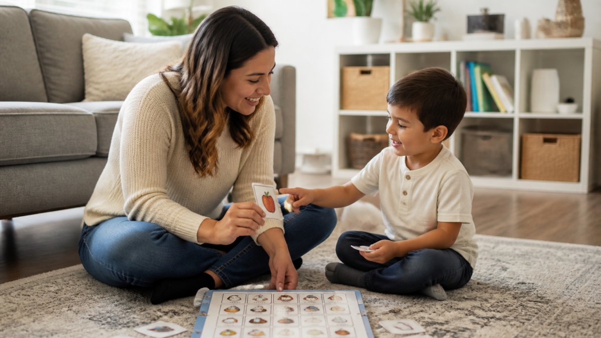 Parent and child using picture cards for speech therapy for autism spectrum disorder at home
