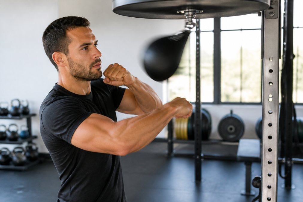 Athlete demonstrating speed bag burn machine technique with proper grip and shoulder alignment, forearms engaged during rotational movement in bright fitness studio