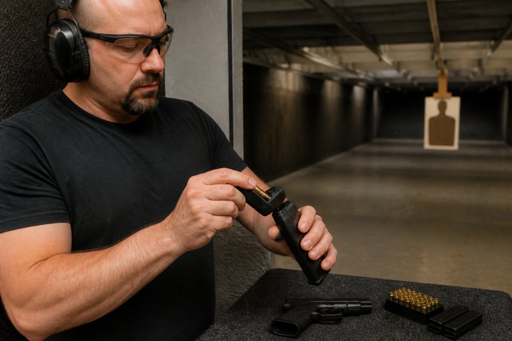 Shooter demonstrating proper hand positioning and grip technique while using a magazine speed loader with a 9mm pistol at an indoor range with controlled lighting