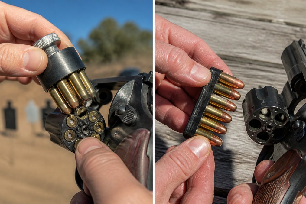 Close-up of a shooter's hands at an outdoor range demonstrating cartridge insertion into a revolver cylinder using a speed loader, with natural sunlight highlighting the mechanical alignment and reload technique
