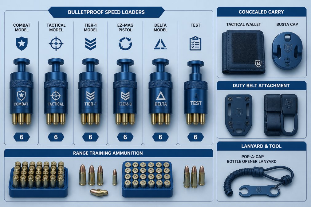 Tactical gear flat-lay display showing speed loader models positioned alongside concealed carry pouch, duty belt attachment hardware, and range training ammunition on a professional workspace surface with controlled lighting