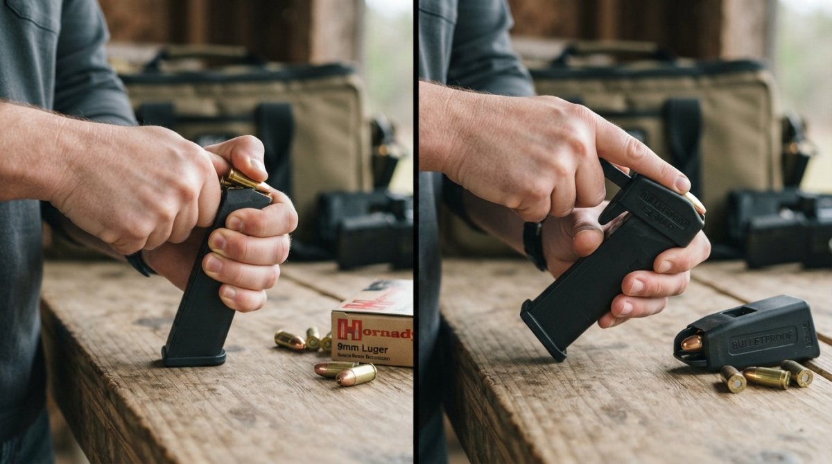 Close-up of shooter's hands demonstrating thumb pain position during manual magazine loading, then same shooter using a speed loader with relaxed hand position, shown side-by-side