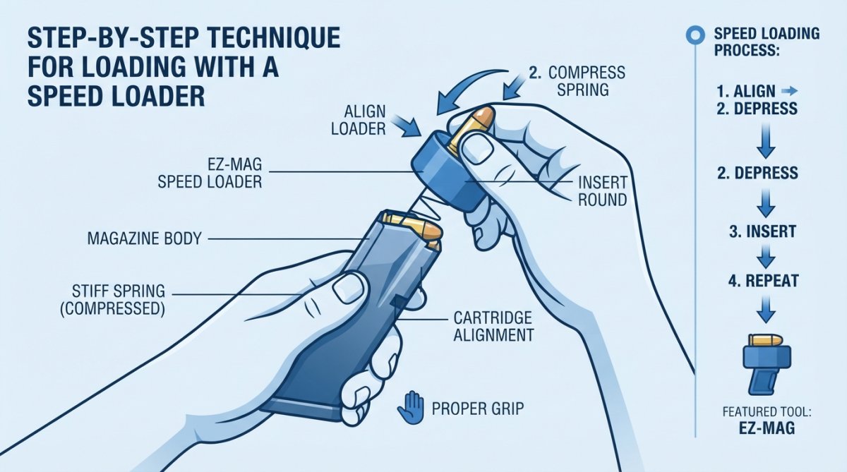 Hands demonstrating speed loader insertion and compression technique from above, showing proper grip on both loader and magazine, with rounds visible in the loading chamber