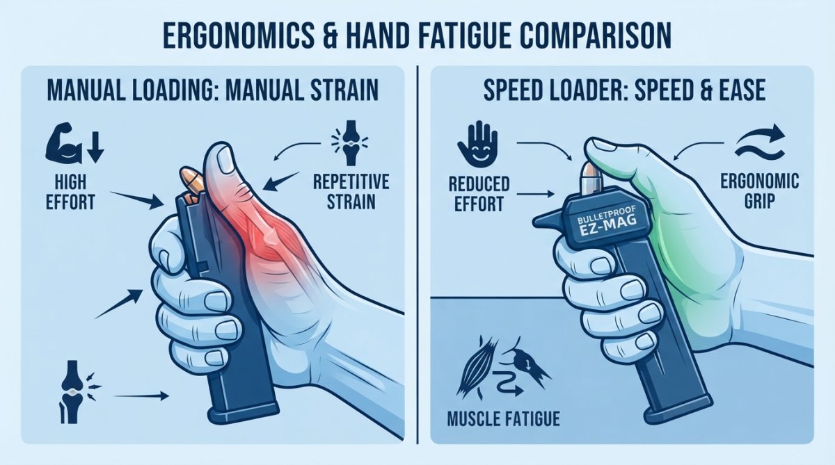 Split-screen comparison of two shooters' hands: left side showing visible thumb strain and tension during manual magazine loading, right side showing relaxed hand position while using speed loader at range