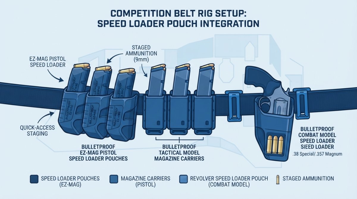 Close-up of tactical belt rig showing speed loader pouches mounted alongside magazine carriers with ammunition staged for quick access during shooting competition stage setup