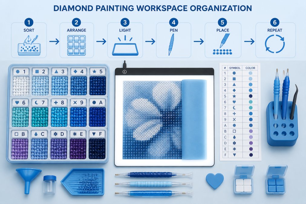 Overhead view of an organized diamond painting workspace with multiple labeled storage trays containing sorted drills by color, a light pad illuminating a canvas section, specialized drill pens arranged nearby, and a symbol chart visible, all arranged for efficient workflow