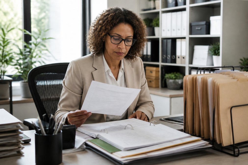 Healthcare administrator reviewing documents to speed up healthcare facility license application in a modern office