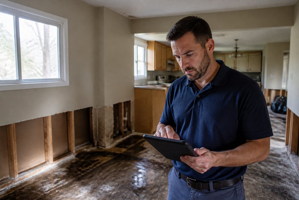 Restoration contractor reviewing claim details on tablet while standing at damaged property with water damage visible in background, natural daylight