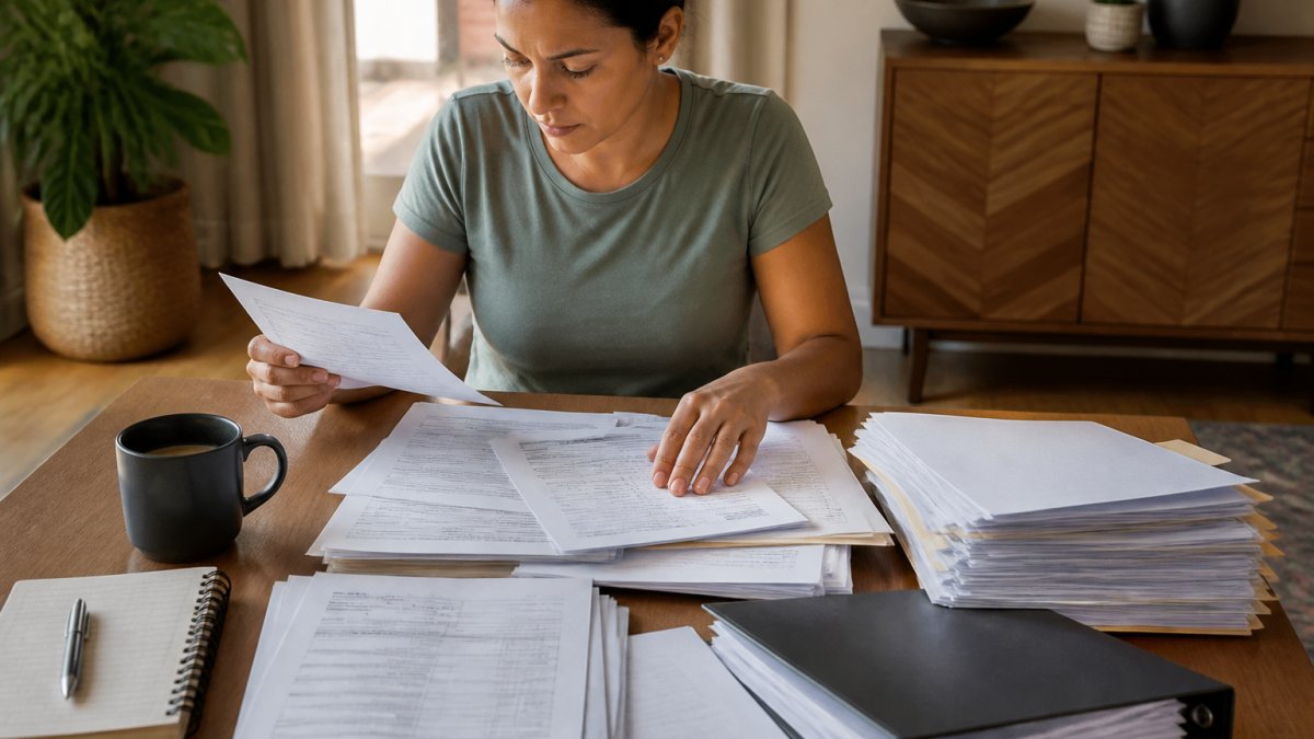 Homebuyer organizing financial documents, tax returns, and bank statements on a desk with a laptop, coffee cup, and notebook visible in natural office lighting