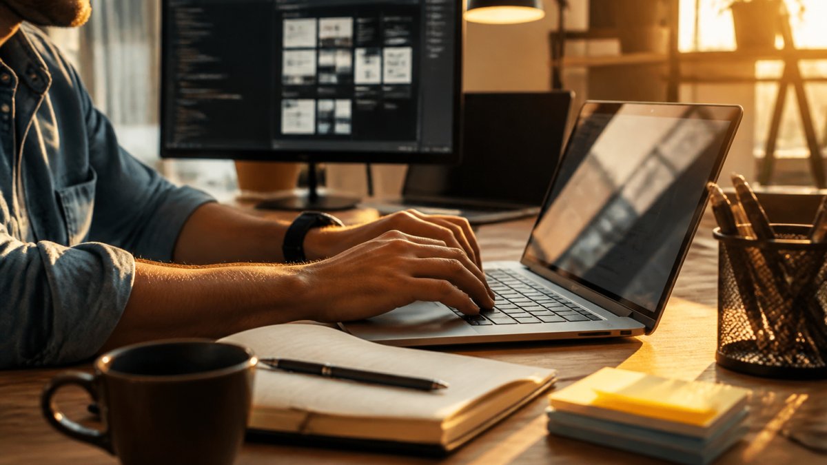 Developer focused on multiple monitors to speed up web development with AI in a modern workspace